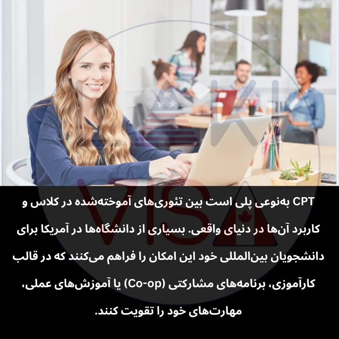 CPT به‌نوعی پلی است بین تئوری‌های آموخته‌شده در کلاس و کاربرد آن‌ها در دنیای واقعی. بسیاری از دانشگاه‌ها در آمریکا برای دانشجویان بین‌المللی خود این امکان را فراهم می‌کنند که در قالب کارآموزی، برنامه‌های مشارکتی (Co-op) یا آموزش‌های عملی، مهارت‌های خود را تقویت کنند.